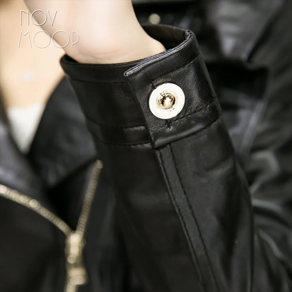 Ruffle ออกแบบแจ็คเก็ตหนังแท้สีดําหนังแกะแกะรถจักรยานยนต์ biker เสื้อแจ็คเก็ต jaqueta de couro chaqueta mujer LT1875