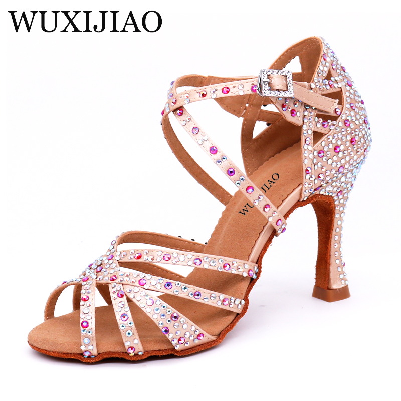 WUXIJIAO, zapatos de salón para fiesta de Salsa para mujer, zapatos de baile latino, grandes y pequeños diamantes de imitación brillantes, piel de bronce, satén negro, tacón Cuba de 9cm