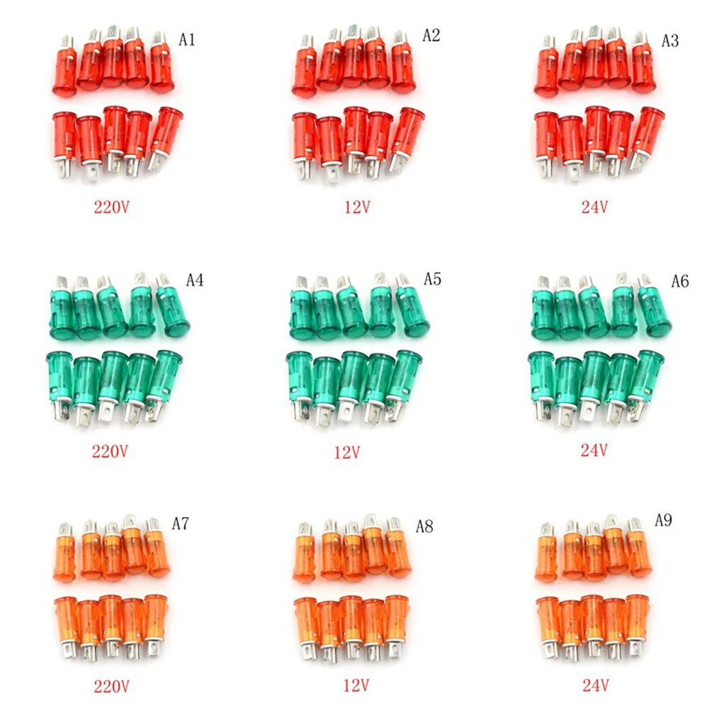 10Pcs 220V 110V 12V/24VDC 10มม.MDX-11A Guiding สัญญาณโคมไฟติดตั้งไฟแสดงสถานะนีออนสีแดงสีเขียวไฟสีเหลือง