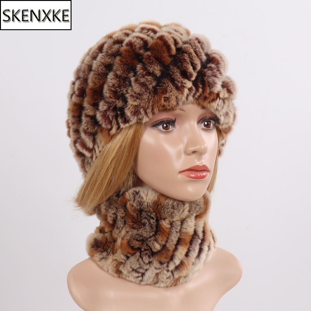 Conjunto de bufanda y gorro de piel de conejo Rex para mujer, gorro de punto Natural, cálido, gran oferta, Invierno