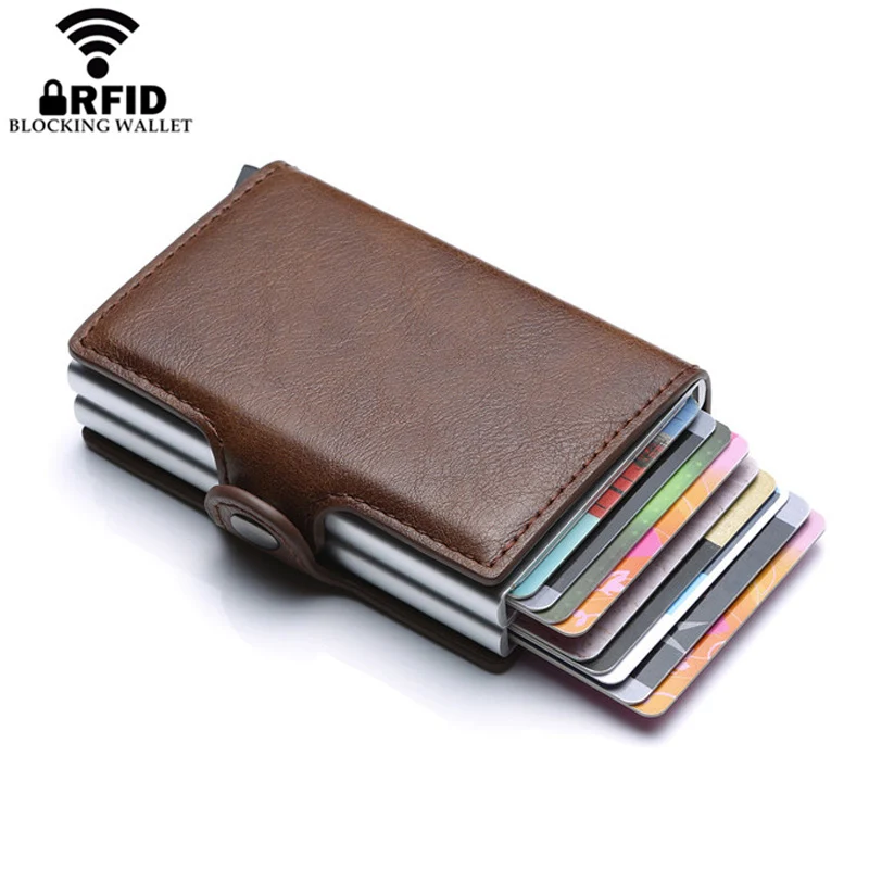 Tarjetero de cuero con protección RFID para hombre, funda protectora para tarjetas bancarias de aluminio doble, billetera de identificación para hombre, diseñador europeo