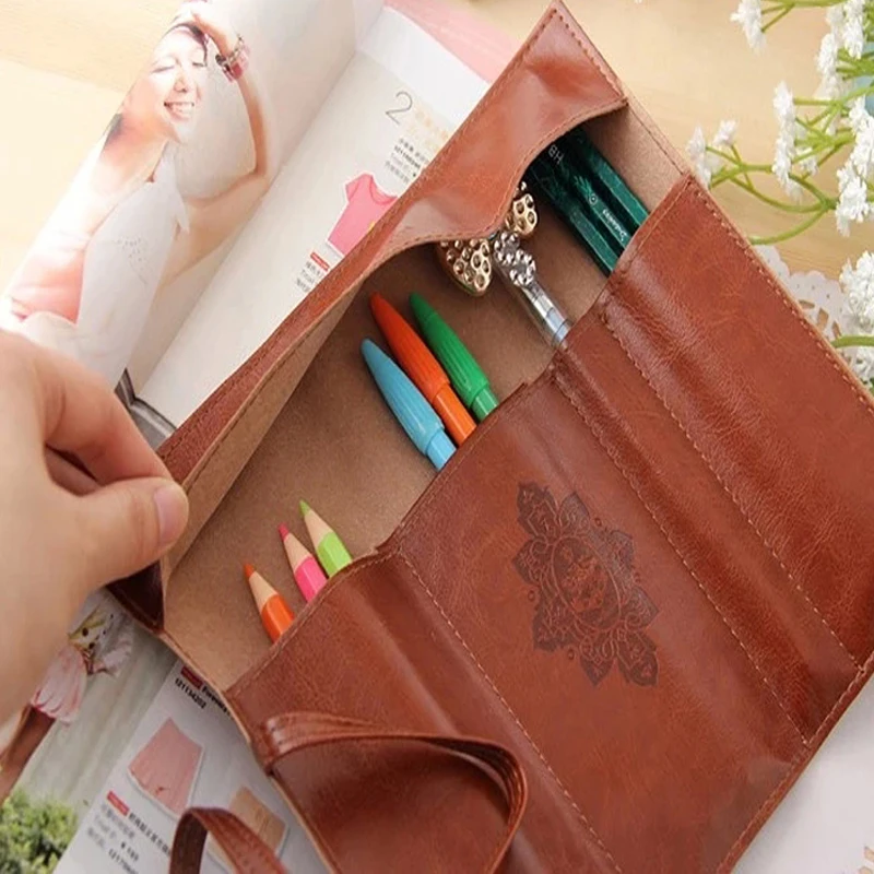 Hàn Quốc PU Cổ Điển Bút Chì Dành Cho Trường Dành Tặng Túi Đựng Bút Chì-Ốp Lưng Dùng Học Bút Chì Trường Hợp