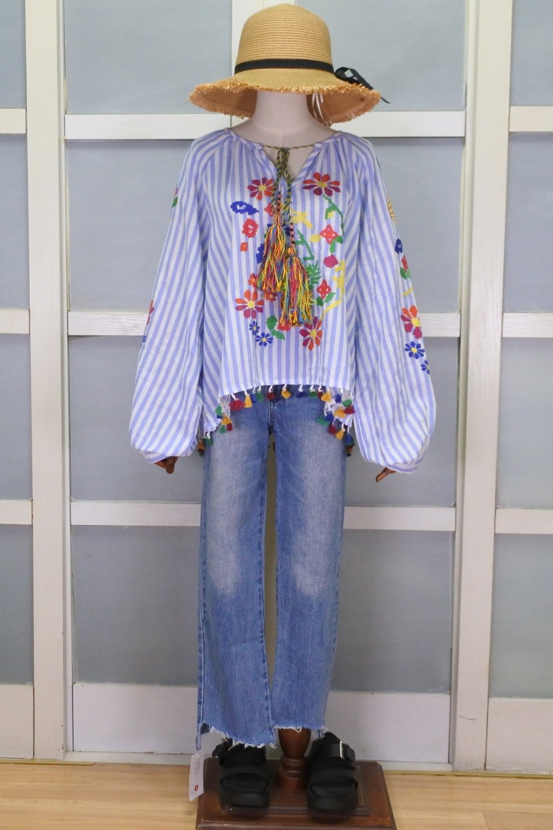 Camisa bordada Vintage para mujer, Túnica holgada de manga larga con cordones y flecos, blusa étnica de algodón blanco, ropa de verano