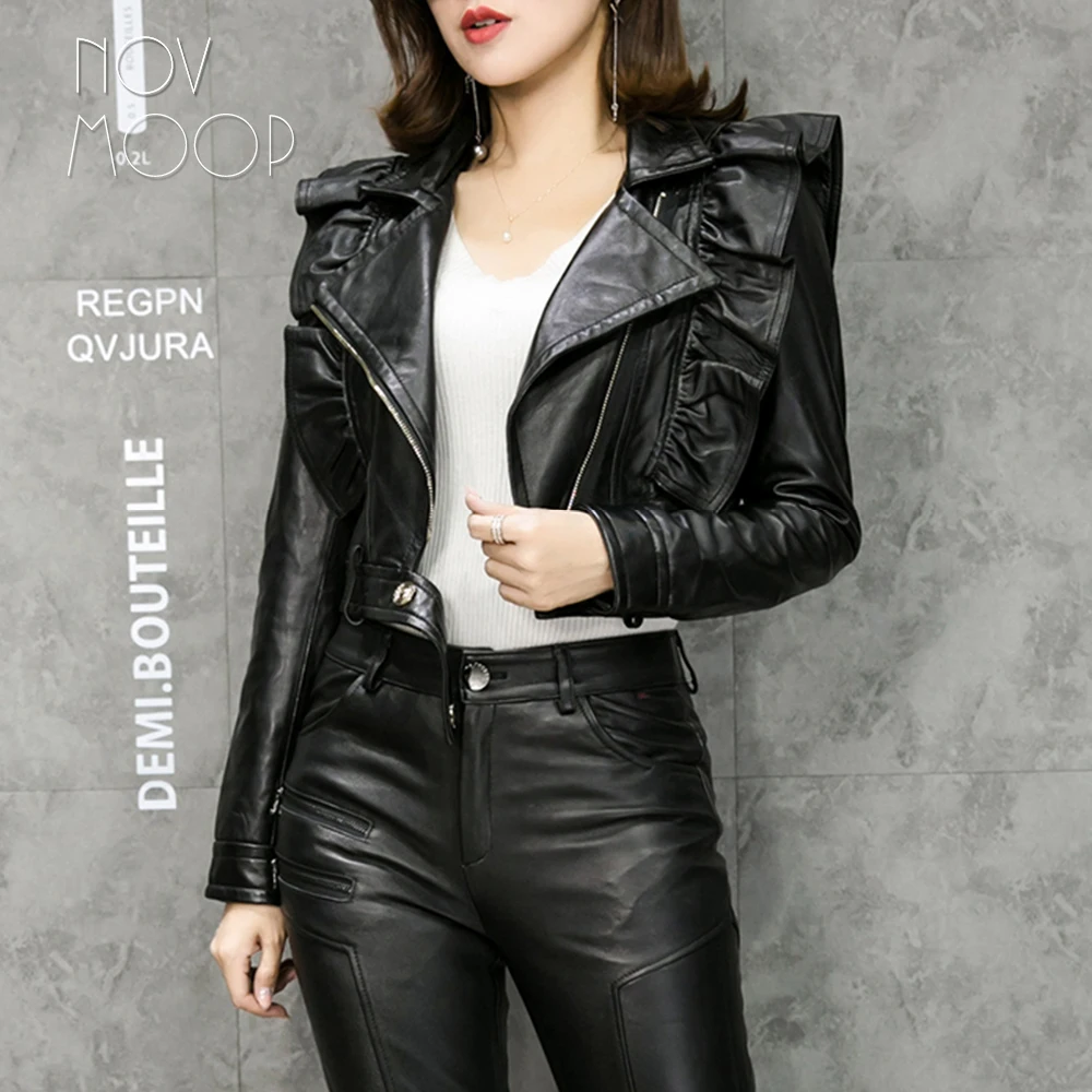 Ruffle ออกแบบแจ็คเก็ตหนังแท้สีดําหนังแกะแกะรถจักรยานยนต์ biker เสื้อแจ็คเก็ต jaqueta de couro chaqueta mujer LT1875