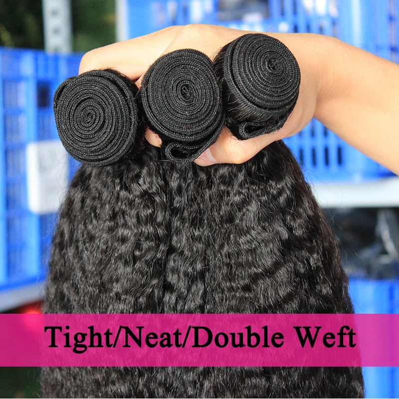 Kinky em linha reta pacotes de tecer cabelo grosso yaki em linha reta virgem pacotes de cabelo humano com fechamento brasileiro kinky 4 extensões de cabelo