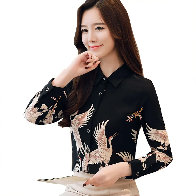 Primavera outono elegante guindaste impressão chiffon camisa 2019 nova chegada estilo japão vintage preto manga longa blusa de impressão floral