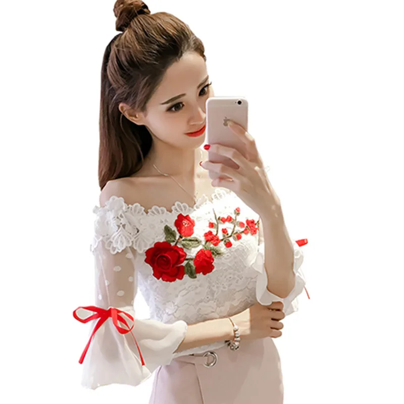 Blusa feminina de verão com laço floral, camisa bordada de renda, manga curta, blusas de malha com pescoço slash para mulheres a837, 2018