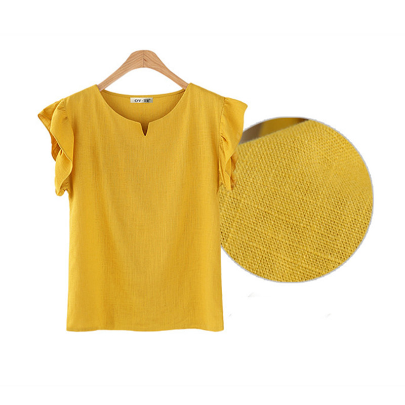 Blusas femininas de linho de algodão, tops femininos, camisas casuais de manga curta, brancas, caqui, amarelas, roupas plus size, verão