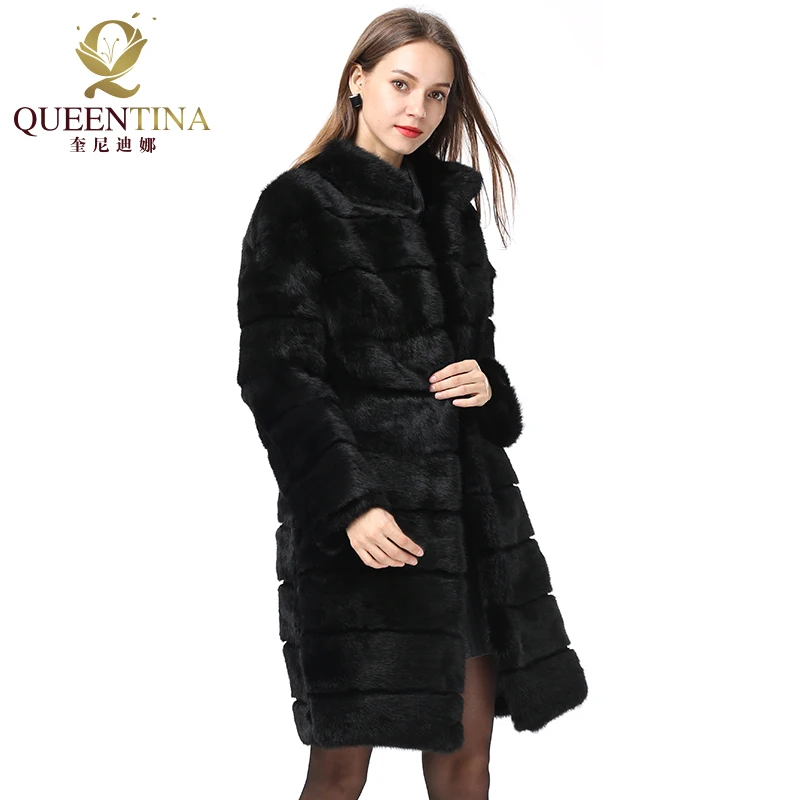 Thật Thỏ Áo Khoác Lông Thú Mới Trong Outerwears Mùa Đông 2022 Cổ Áo Đứng Dày Mềm Mại Ấm Quần Áo Nữ Full Bóp Dài Tự Nhiên áo Khoác Nỉ