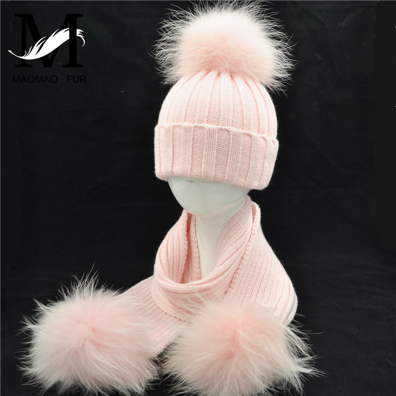 Jxwatcher Mutter und Kind Hut und Schal Set hochwertige Winter echte Waschbär Pelz Pompon gestrickte Mode neue Mützen Hut Schals