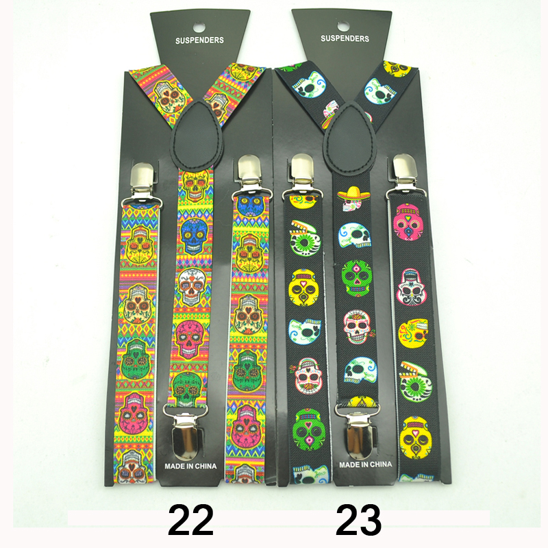 ผู้หญิงผู้ชายUnisexเสื้อClip-On Braces 1 นิ้วกว้าง 31 แฟชั่นการออกแบบกะโหลกศีรษะสีขาวผสมElastic Slim Suspender Y-Back Suspenders