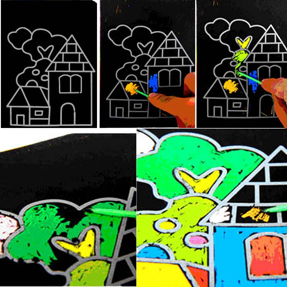 10 pcs 13x9.8 ซม.Scratch Art กระดาษ Magic ภาพวาดกระดาษวาด Stick สําหรับของเล่นเด็กที่มีสีสันของเล่น