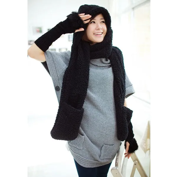 2024 nova moda inverno quente feminino luvas com capuz bolso earflap chapéu longo cachecol xale snood envolve conjuntos de cachecóis de inverno para mulher
