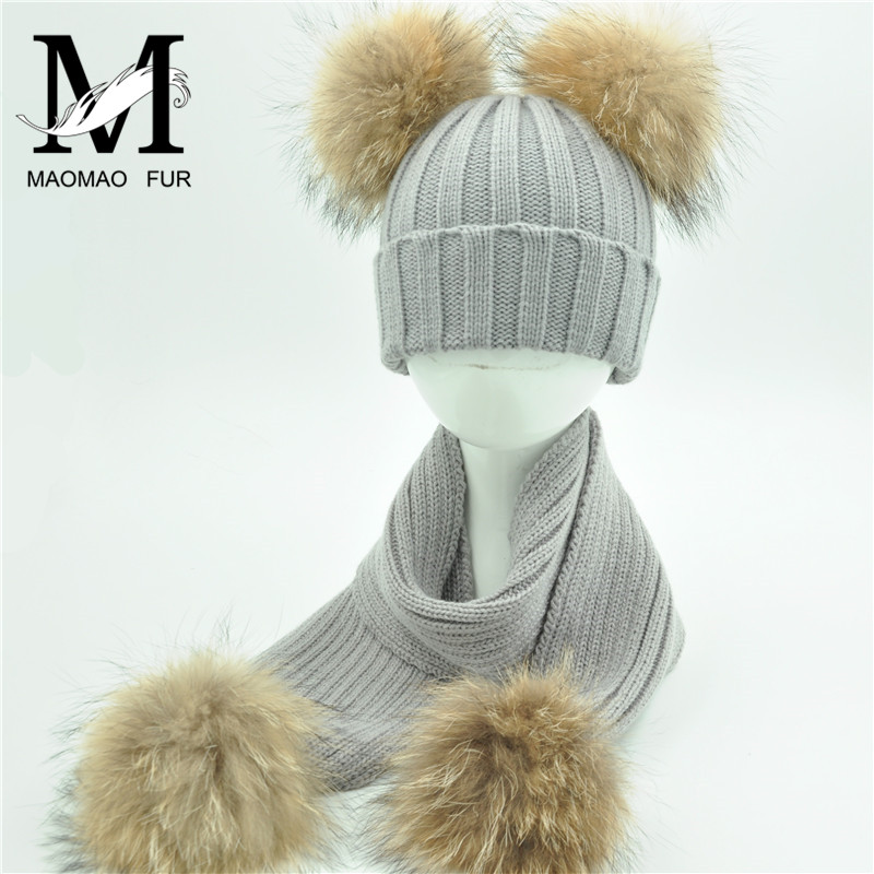 Kinderen Bont Sjaal En Hoed Set Winter Warme Dikke Elastische Gebreide Beanie Jongens Meisjes Echte Dubbele Bont Pom Pom Hoed en Sjaal Set