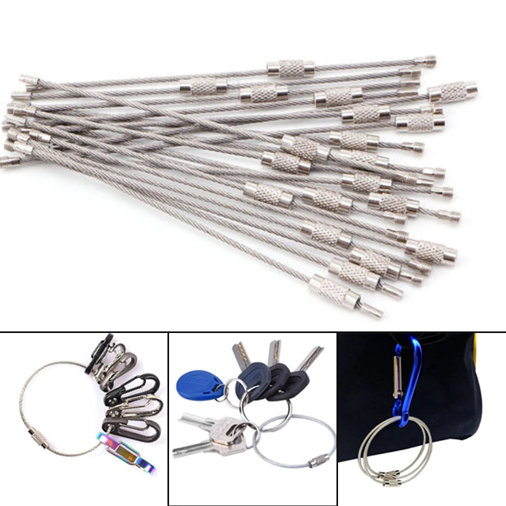 LLavero de acero inoxidable EDC, mosquetón, soporte de llave, Cable de alambre, cuerda, etiqueta de equipaje de campamento, tornillo, Gadget de bloqueo, herramientas para exteriores, 5 piezas