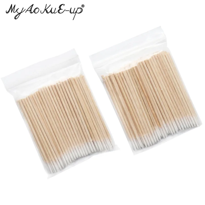 300 ชิ้นทิ้งขนาดเล็กผ้าฝ้าย Swab Lint ฟรี Micro แปรงไม้ Cotton Buds Swabs Eyelash Extension กาวถอดเครื่องมือ