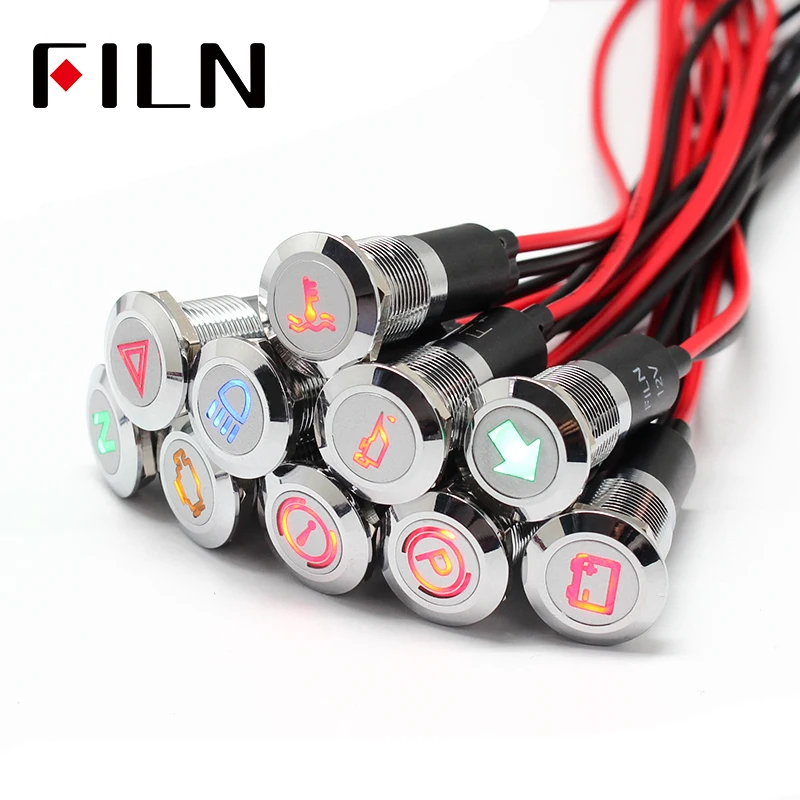 12มม.กันน้ำ FILN 12V LED รถเรือ LED คำเตือนแดชบอร์ดไฟสัญญาณเครื่องมือ Pilot สีดำ Chrome เสร็จสิ้น