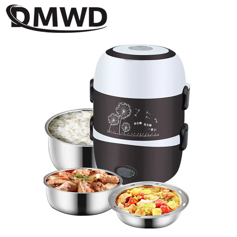 DMWD Điện Nồi Cơm Điện Mini 2/3 Lớp Thép Không Gỉ Lót Di Động Vỉ Luộc Trứng Hấp Thực Phẩm Hâm Nóng Hộp Cơm Trưa Multicooker 2L