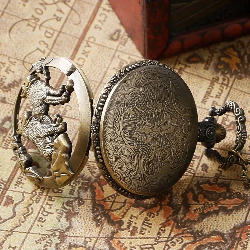 Orologio da taschino Fob al quarzo cavo classico vintage in bronzo con cane lupo con collana a catena, orologio con ciondolo fresco, regalo per donne e uomini