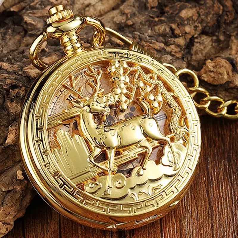 Reloj de bolsillo mecánico con patrón de ciervo dorado para hombre y mujer, pulsera Vintage de doble cara Steampunk Fob, cadena de reloj