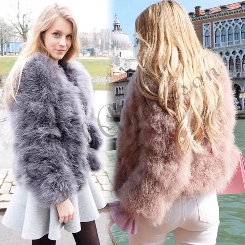 Nova temporada 100% macio feather feather feather casacos de pele artesanal de malha genuíno casaco de pele de avestruz feminino varejo jaqueta de pele natural