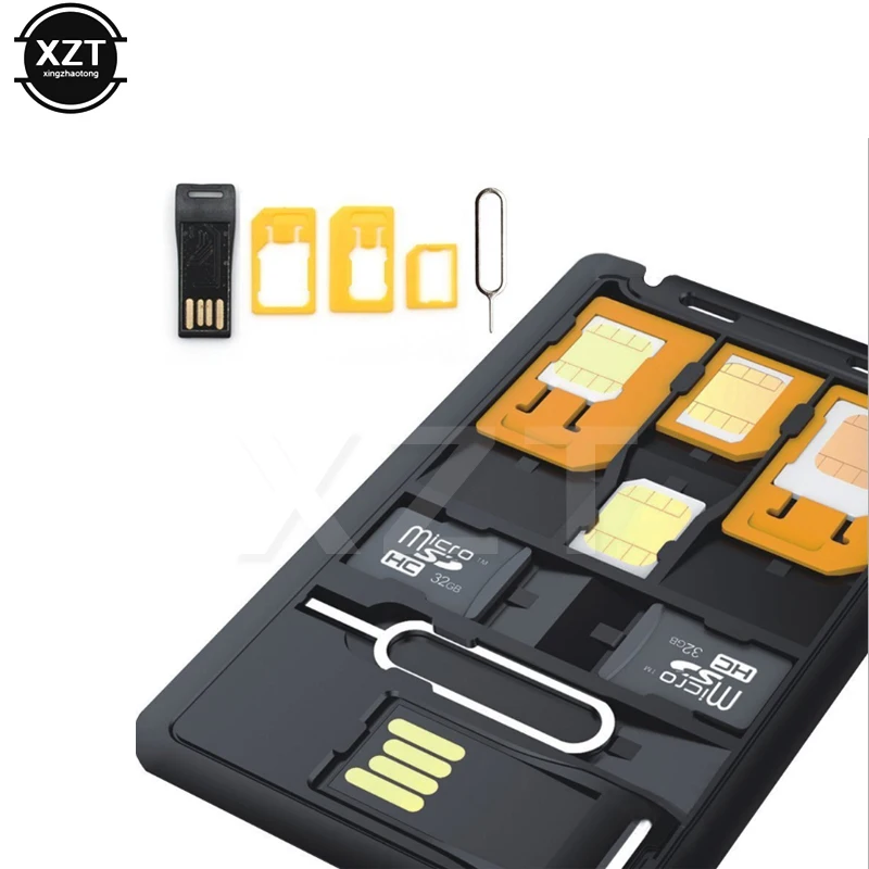 Schwarz 5-in-1 Universal Mini SIM-Karten-Adapter Aufbewahrungskoffer Kits für Nano Micro SIM-Karte Speicherkartenhalter Reader Cover Connector