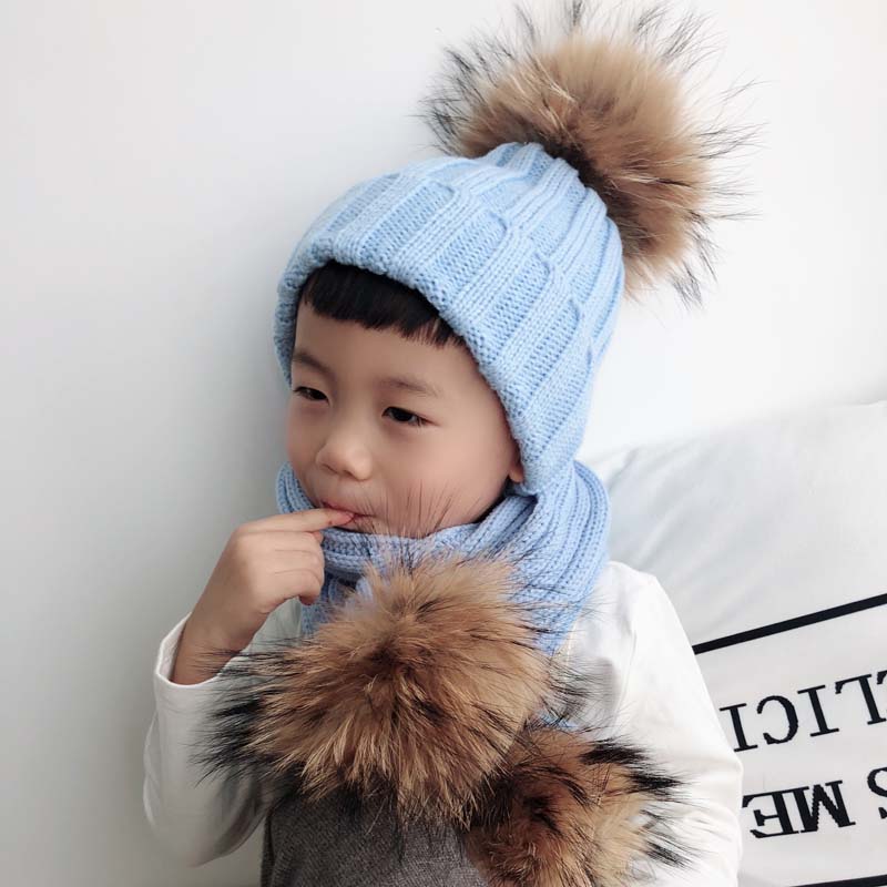 Kinderen Muts Sjaal Set Baby Warme Gebreide Muts Jongens Meisjes Echt Bont Pompom Hoed Voor Kinderen Winter Cap Skullies Mutsen