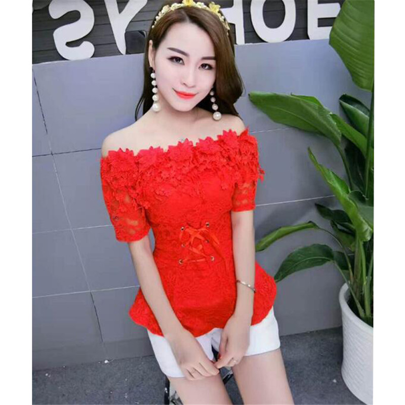 2018 Phụ Nữ Mùa Xuân Mùa Hè Áo Sơ Mi Ngọt Ngào Tie Hoa Ren Áo Lady Short Sleeve Slash Cổ Backles Áo Cánh Ngắn Blusas Ngọn AB831