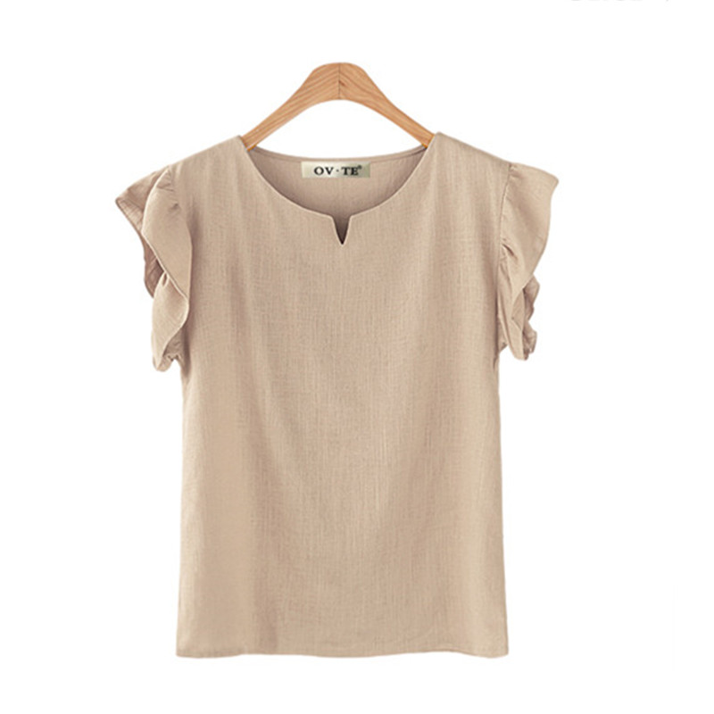 Blusas femininas de linho de algodão, tops femininos, camisas casuais de manga curta, brancas, caqui, amarelas, roupas plus size, verão