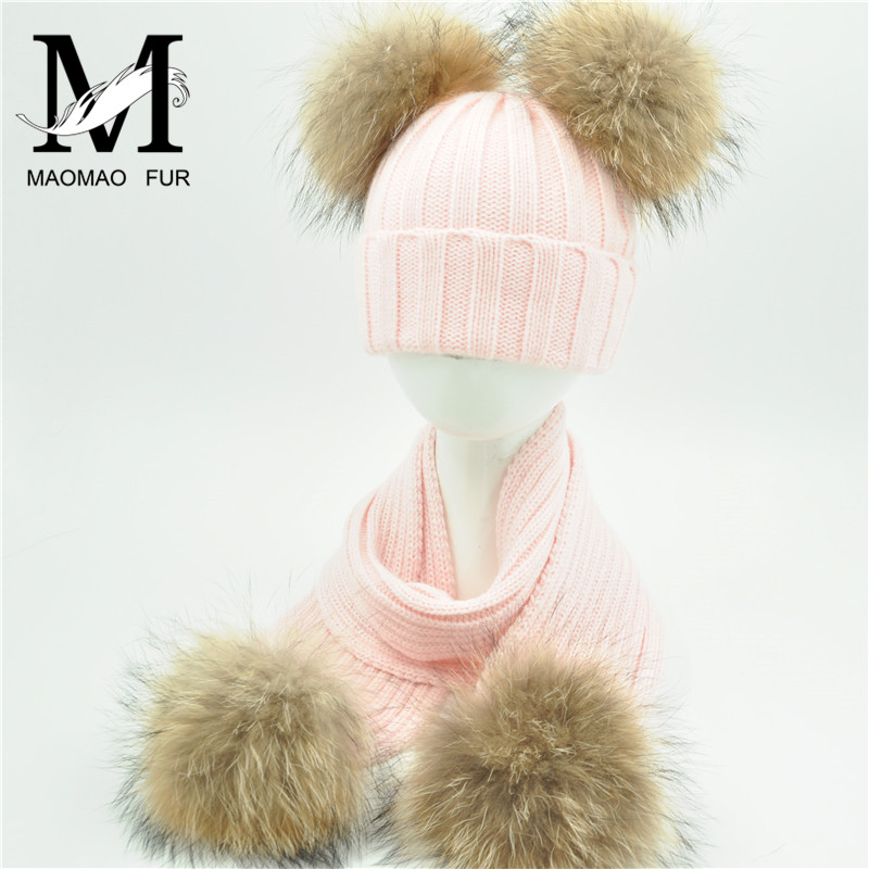 Kinderen Bont Sjaal En Hoed Set Winter Warme Dikke Elastische Gebreide Beanie Jongens Meisjes Echte Dubbele Bont Pom Pom Hoed en Sjaal Set