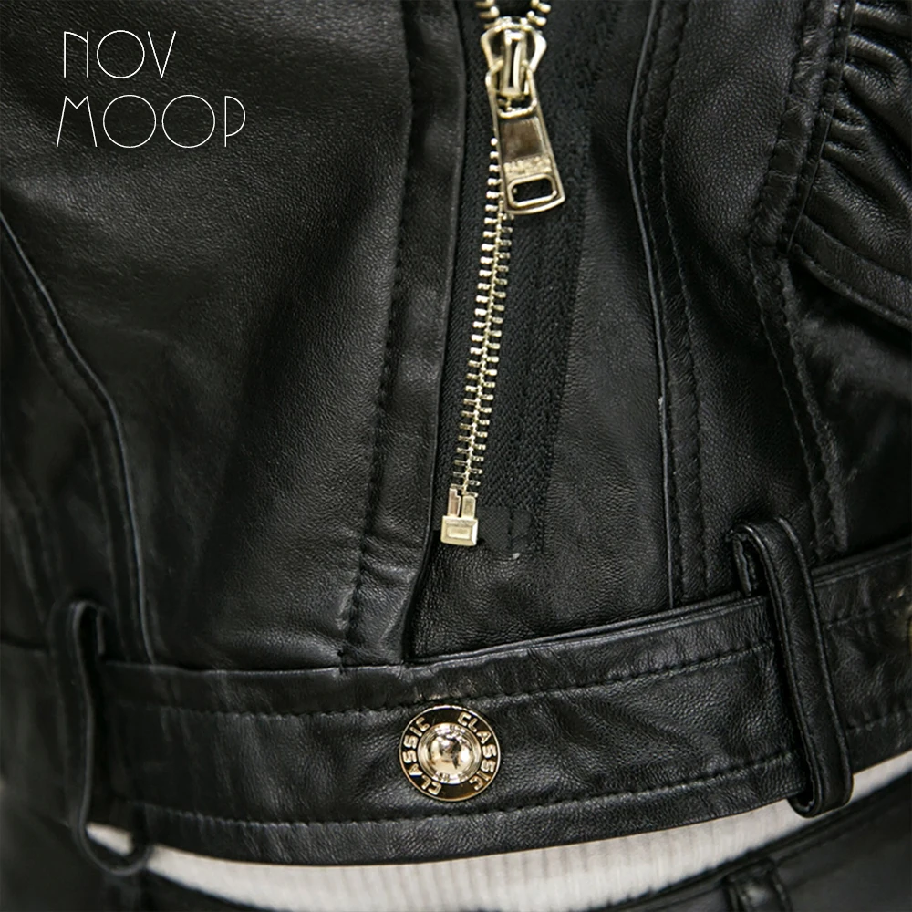 Ruffle ออกแบบแจ็คเก็ตหนังแท้สีดําหนังแกะแกะรถจักรยานยนต์ biker เสื้อแจ็คเก็ต jaqueta de couro chaqueta mujer LT1875