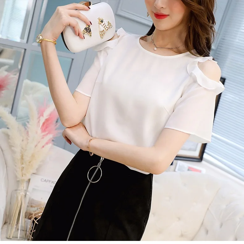 Châu Âu Mỹ Áo Sơ Mi Voan Nữ Size Lớn Mùa Hè Nguyên Chất Màu Áo Quần Áo Xù Lông Nữ Tay Ngắn Nữ Công Sở Cao Cấp H9054