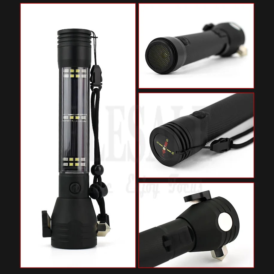 Đa Chức Năng Tự Vệ Đèn Pin Năng Lượng Mặt Trời Xe Ô Tô Cứu Sinh Nhấp Nháy Đèn LED Khẩn Cấp Dụng Cụ Phá Kính 120dB Báo Động