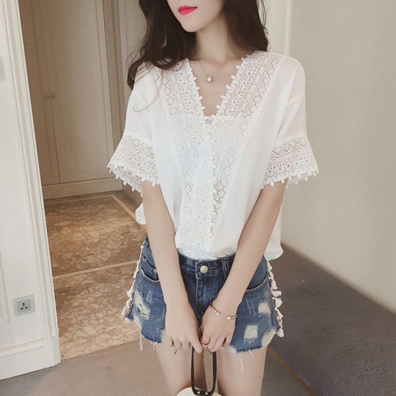 Moda com decote em v blusas verão sexy blusas femininas manga curta rendas oco para fora camisas branco rosa casual ol topos blusa