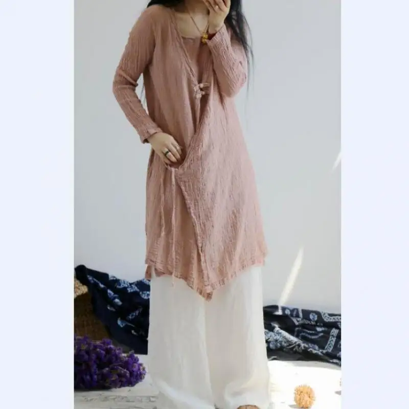 USWMIE-Blusa de manga larga con cuello en V para mujer, camisa holgada de estilo Retro, Simple e informal, con protección solar, para verano, 2017