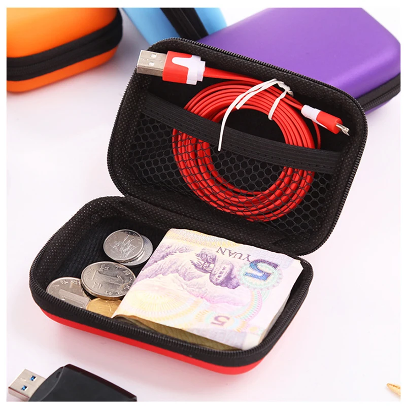 เคสหูฟังแบบแข็งมีซิปล็อคป้องกันแบบหนังกระเป๋าเก็บหูฟังสาย USB จัดระเบียบเวลาเดินทางแบบพกพา
