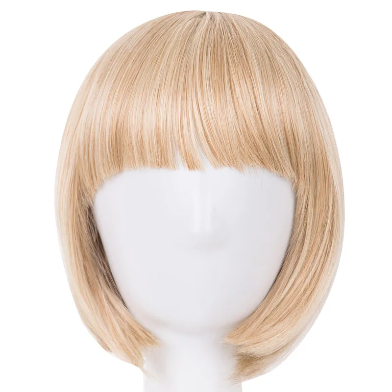 Tóc ngắn Fei-Show Tổng Hợp Nhiệt Sợi Kháng Đen Bob Wig Với Flat Bangs Hiện Đại Cho Thấy Cosplay Lễ Hội Halloween tóc giả