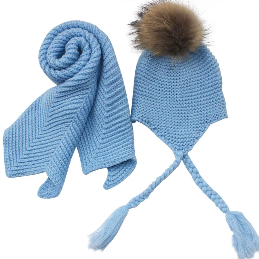 Trẻ Em Dệt Kim Khăn Mũ Bộ Sang Trọng Mùa Đông Ấm Áo Croptop Mũ Và Khăn Thật Lông Pom Beanie Mũ Khăn Choàng bé Trai Và Bé Gái