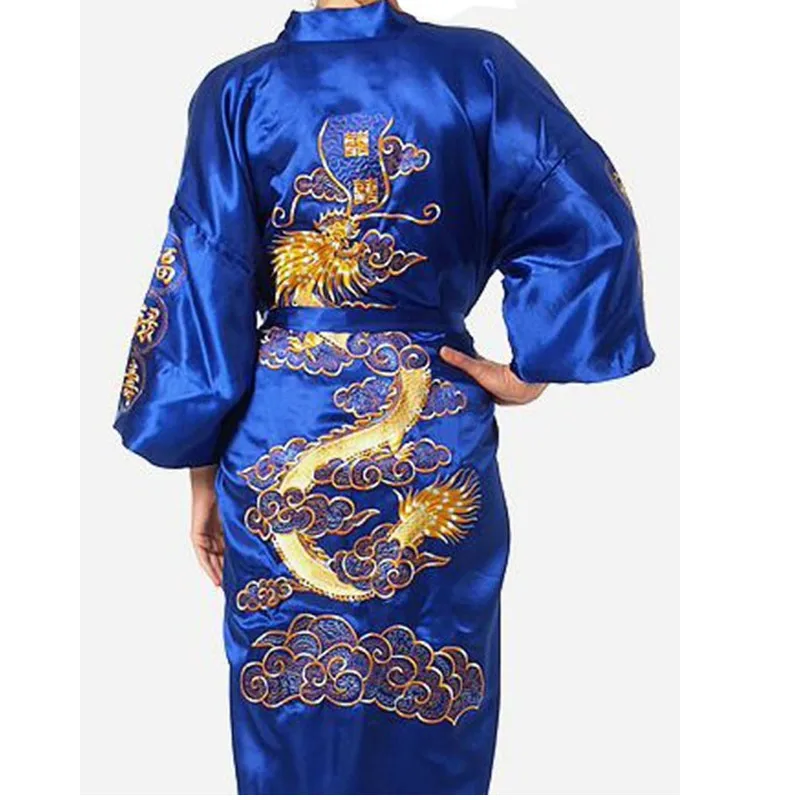 ネイビーブルー中国メンズサテンシルクローブ刺繍着物バスガウンドラゴンサイズ SML XL XXL XXXL S0008