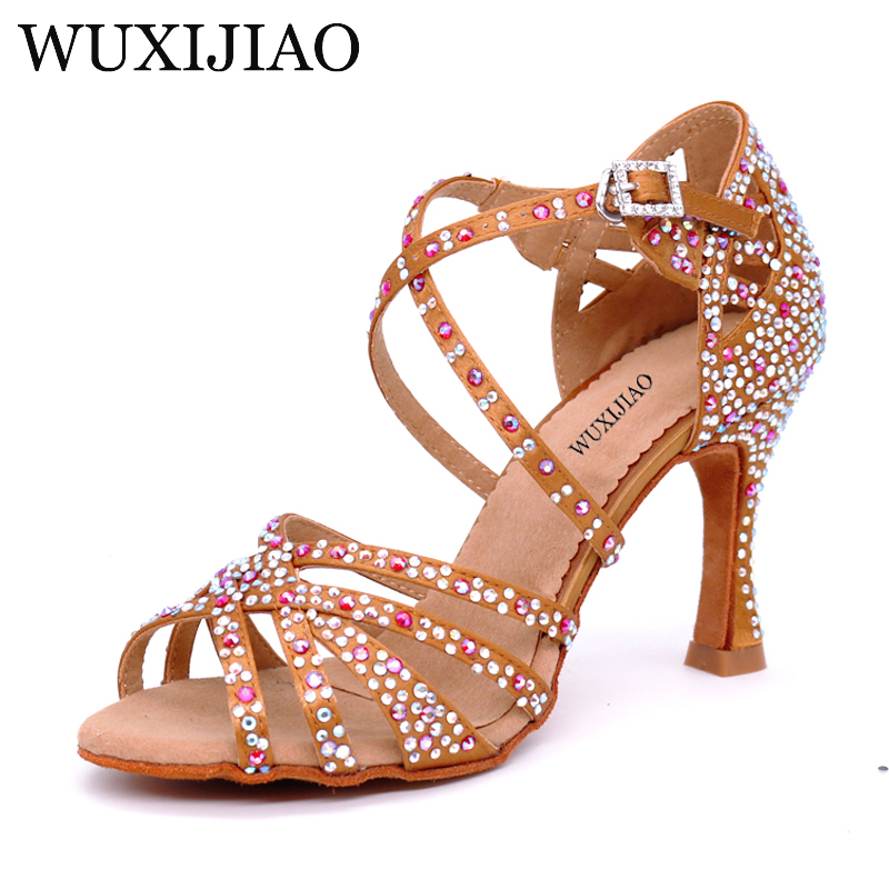 WUXIJIAO, zapatos de salón para fiesta de Salsa para mujer, zapatos de baile latino, grandes y pequeños diamantes de imitación brillantes, piel de bronce, satén negro, tacón Cuba de 9cm