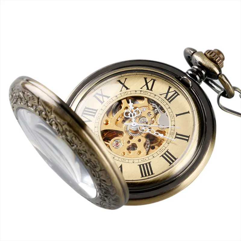 Antike Bronze Transparent Getriebe Skeleton Mechanische Automatische Selbst wind Taschenuhr Retro Anhänger Fob Uhren Relogio De Bolso