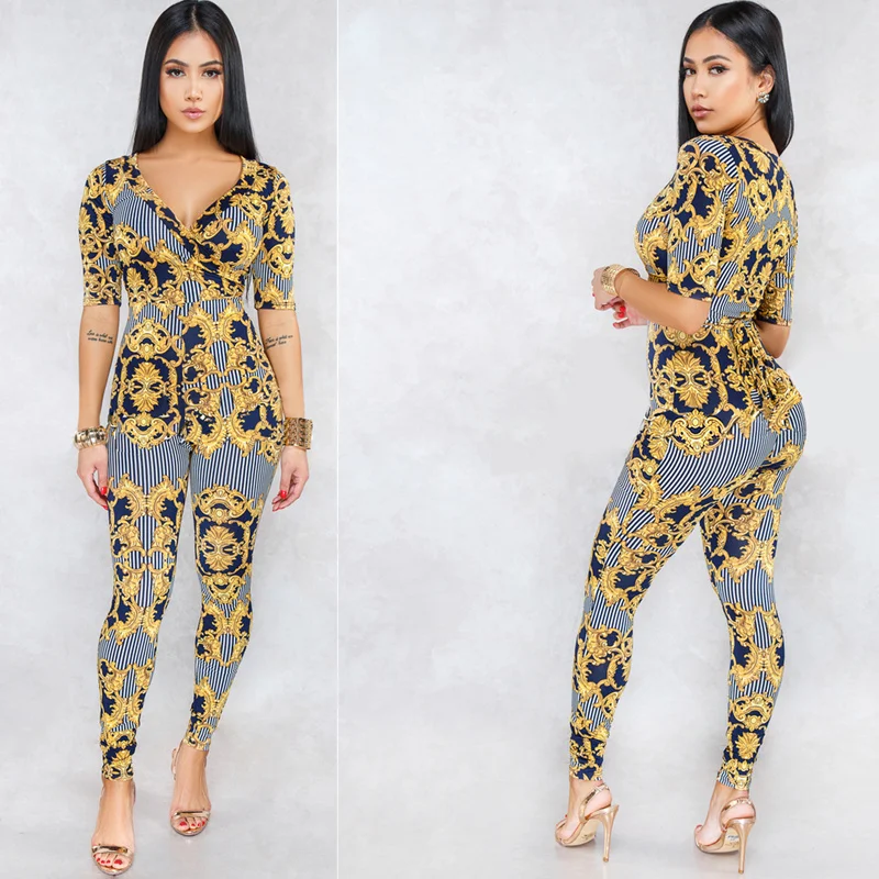 Golden Floral Print Deep V 넥 점프 슈트 여성 캐주얼 미디 슬리브 Bodycon Rompers 점프 슈트 Boho 전체 섹시한 바디 슈트 컬드웨어