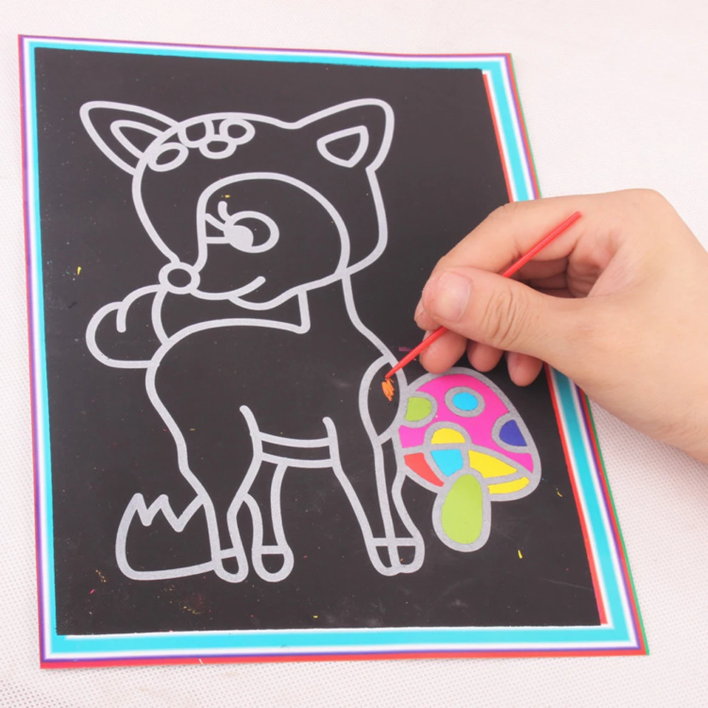 10 pcs 13x9.8 ซม.Scratch Art กระดาษ Magic ภาพวาดกระดาษวาด Stick สําหรับของเล่นเด็กที่มีสีสันของเล่น