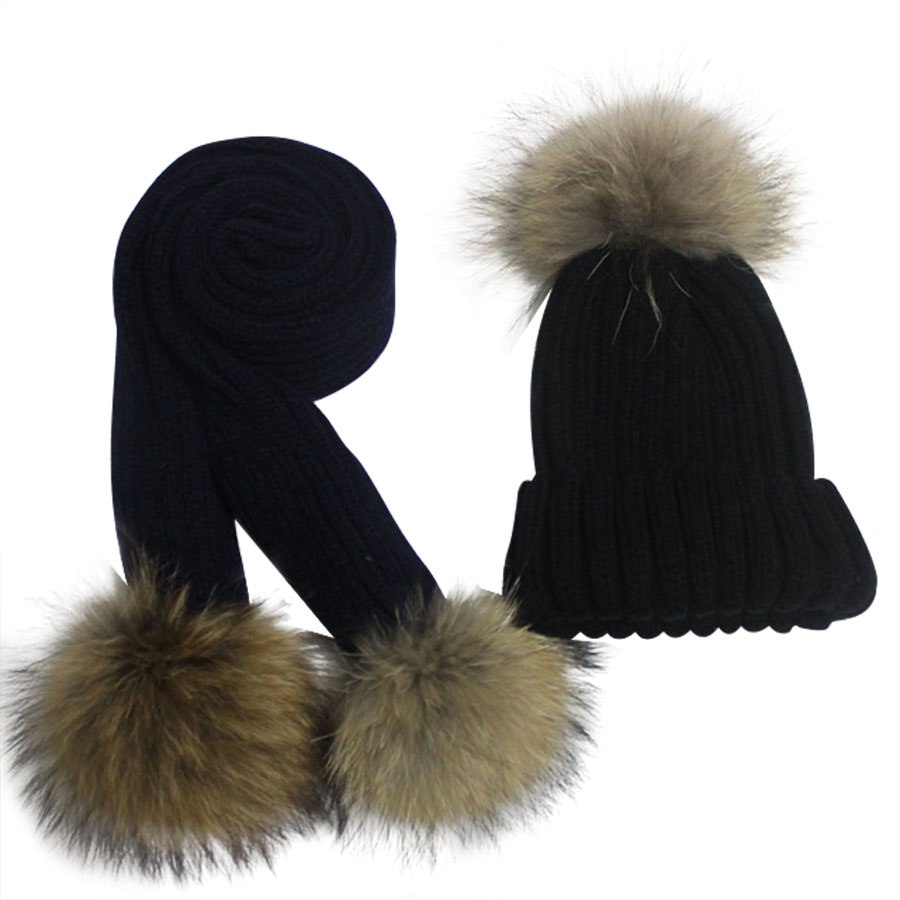 Kinderen gebreide Sjaal en Hoed Set Luxe Winter Warm Gehaakte Mutsen en sjaals met Echt bont pom Beanie Hoed voor jongens en meisjes