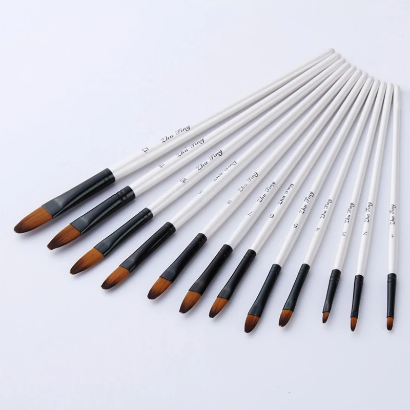 12 ชิ้น/เซ็ตไนลอนไม้ Handle สีน้ําแปรงชุดปากกาการเรียนรู้ DIY น้ํามันอะคริลิคภาพวาด Art Paint แปรงอุปกรณ์