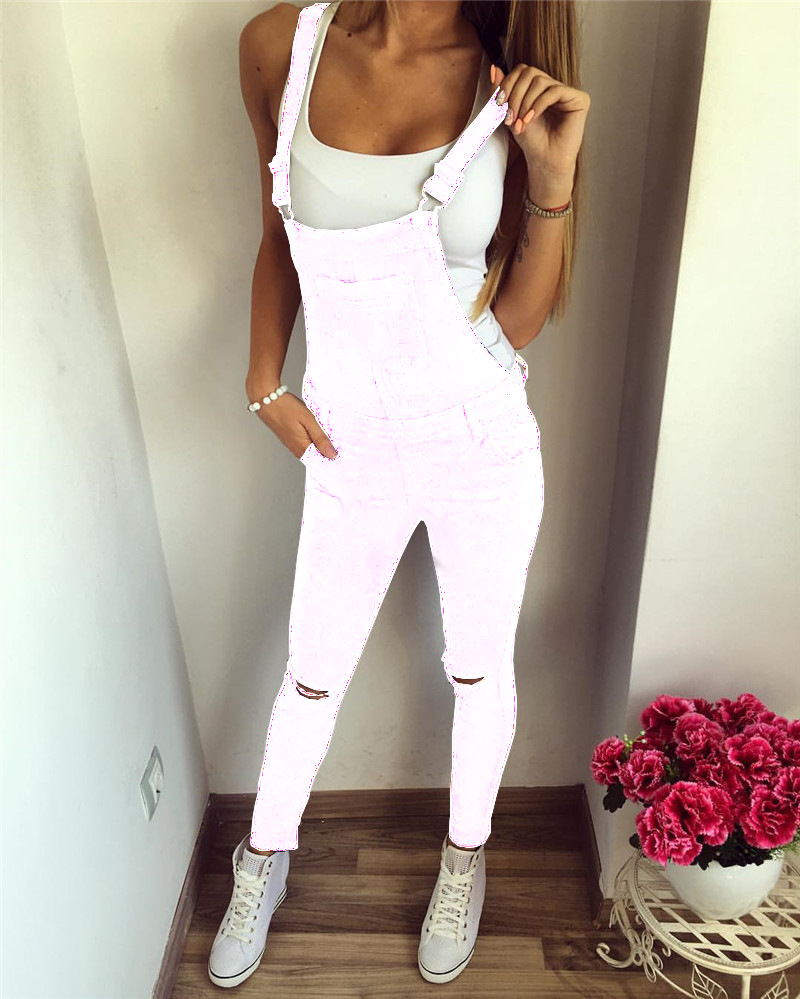 กางเกงยีนส์ Jumpsuits Romper ผู้หญิงเซ็กซี่ rippped Denim Jumpsuits ร่างกาย Feminino ดินสอกางเกงโดยรวมบอดี้สูทหญิง