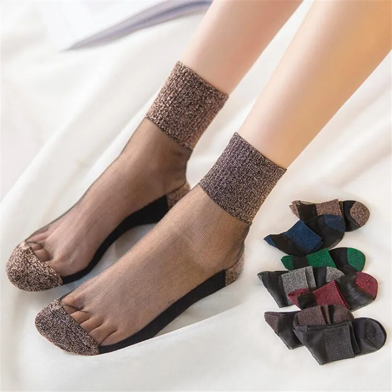 Mùa Hè Thời Trang Nữ Siêu Mỏng Trong Suốt Tất Pha Lê Lấp Lánh Kính Lụa Tất Ren Đẹp Sáng Bóng Thun Short Meias