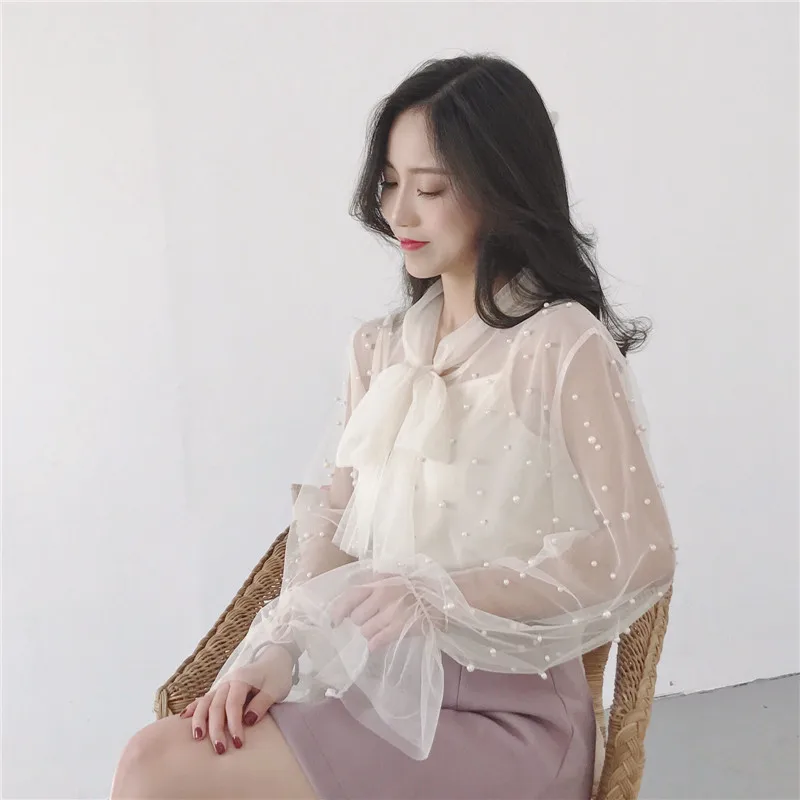 투피스 여성 메쉬 블라우스 솔리드 캐주얼 타이 보우 레이스 셔츠, 여성 구슬 긴 소매 블라우스 보터밍 셔츠 + 탱크 탑 AB799