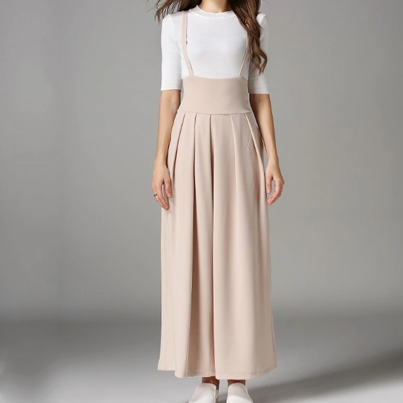 แฟชั่นกลับสายคล้องคอกว้างขากางเกงโดยรวมฤดูร้อนใหม่สบายๆทั้งหมดตรงกับ Culottes สีทึบเอวยางยืด