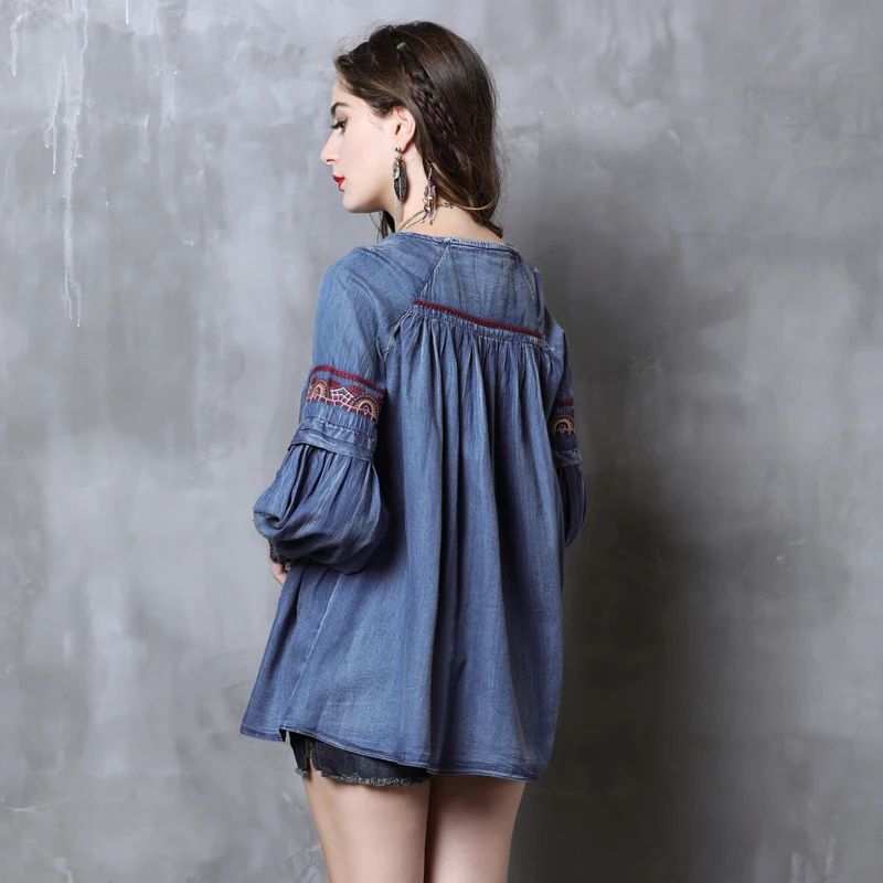 Yuzi.may Boho 여성 블라우스, 브이넥 롱 랜턴 슬리브, 빈티지 자수, 루즈 블라우스, 여성 2018, B9261